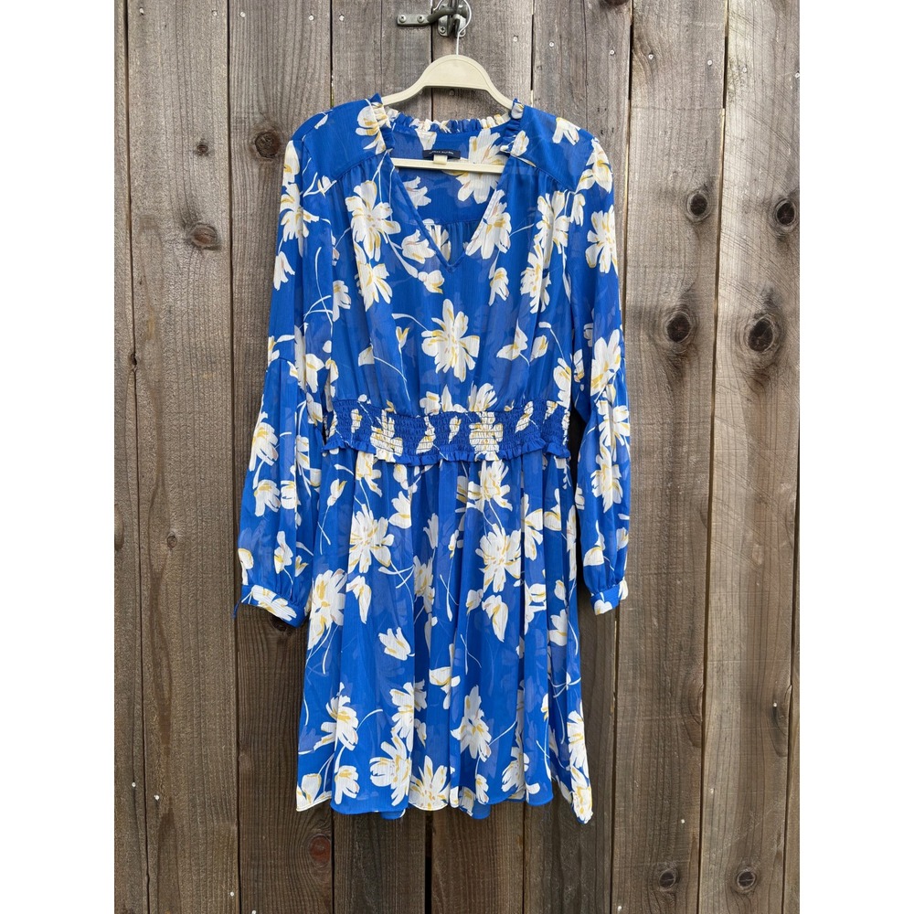 Tommy Hilfiger Blue Floral Chiffon Smocked Waist Long Sleeve Mini Dress Women 16